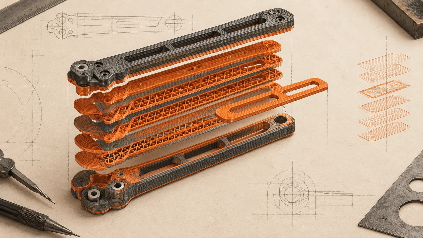 Layered cutaway of a 3D-printed mechanical trainer showing orange toolpaths